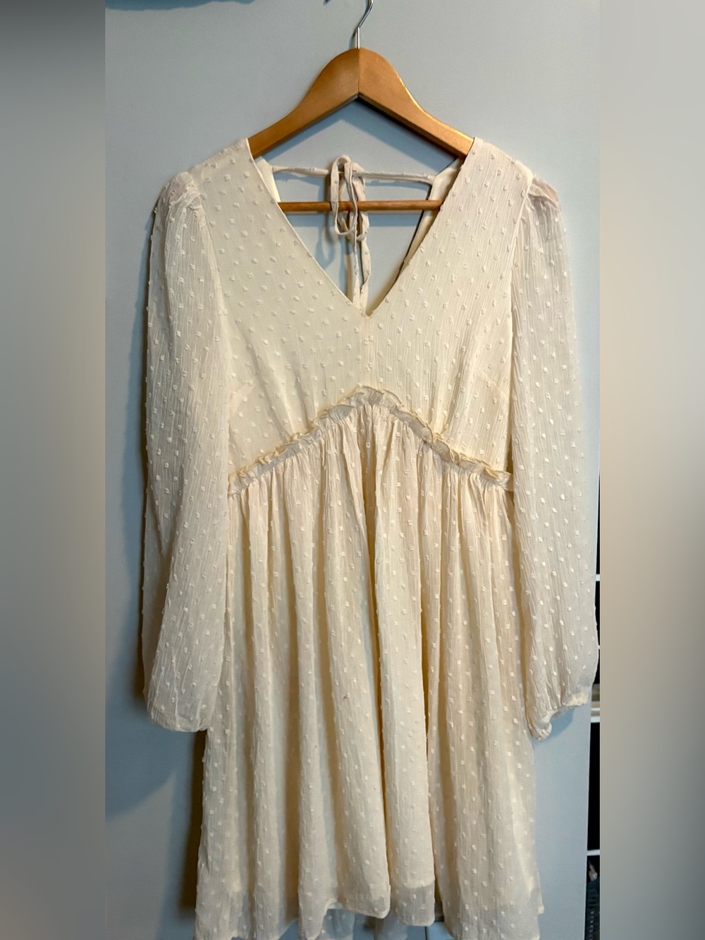 Ivory Swiss Dot V‑Neck Long Sleeve Dress